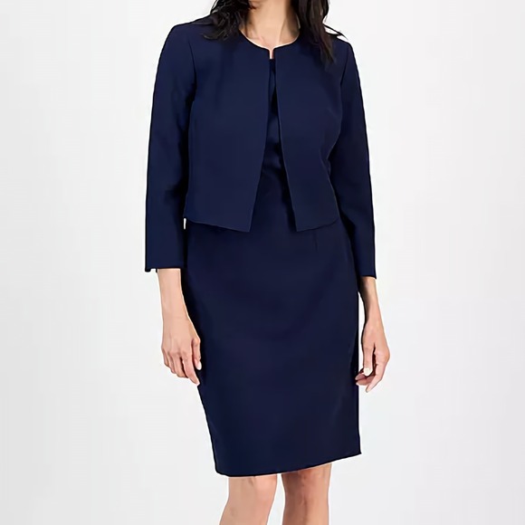 Le Suit Collarless Dress Suit 2 Piece Set Midnight Navy Womens 16 3/4 Sleeve